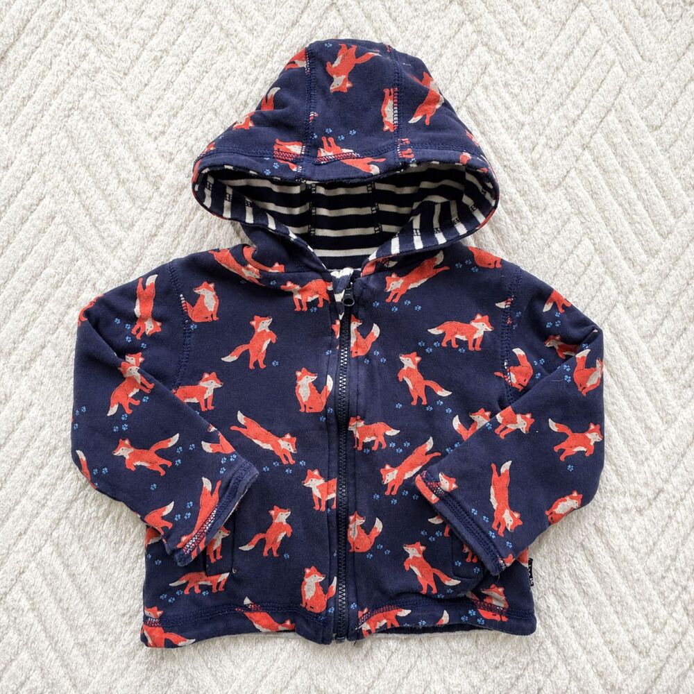 JoJo Maman Bebe Baby 6-12M Fox Print Reversible Hooded Jacket Navy